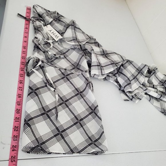 Why Dress Womens Black Plaid Ruffled Sleeve Tie Front Blouse Size L Career NWT - Picture 8 of 9